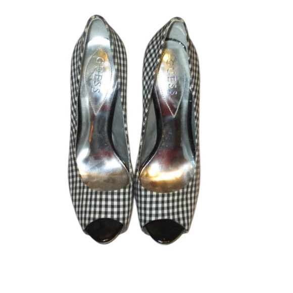 Guess Black White Gigham Peep Toe Heel SZ 8M - Picture 2 of 5